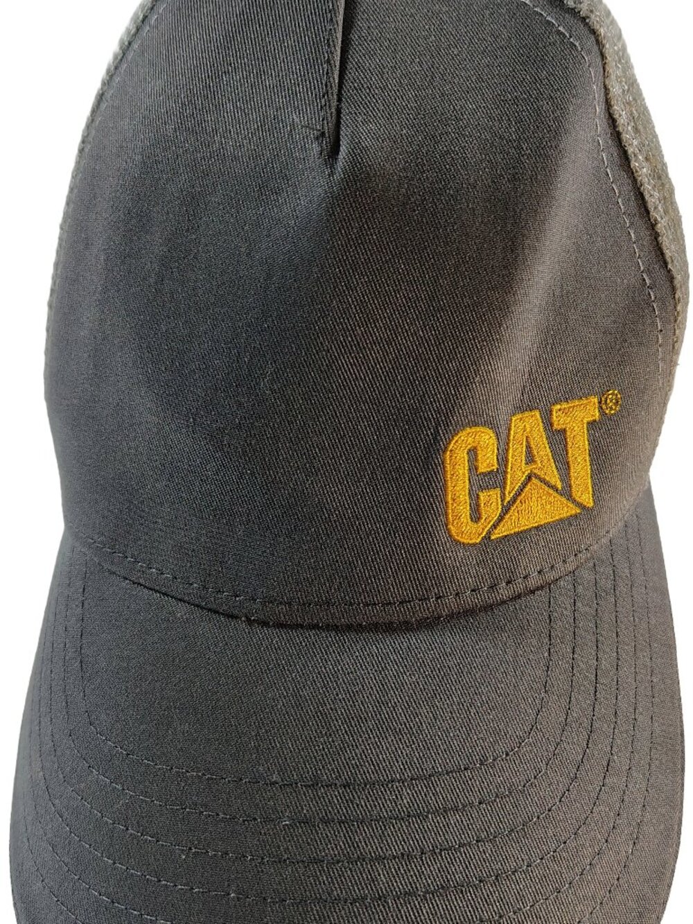 Men's Adjustable Gray Mesh-Back Caterpillar Construction Themed Logo Cap